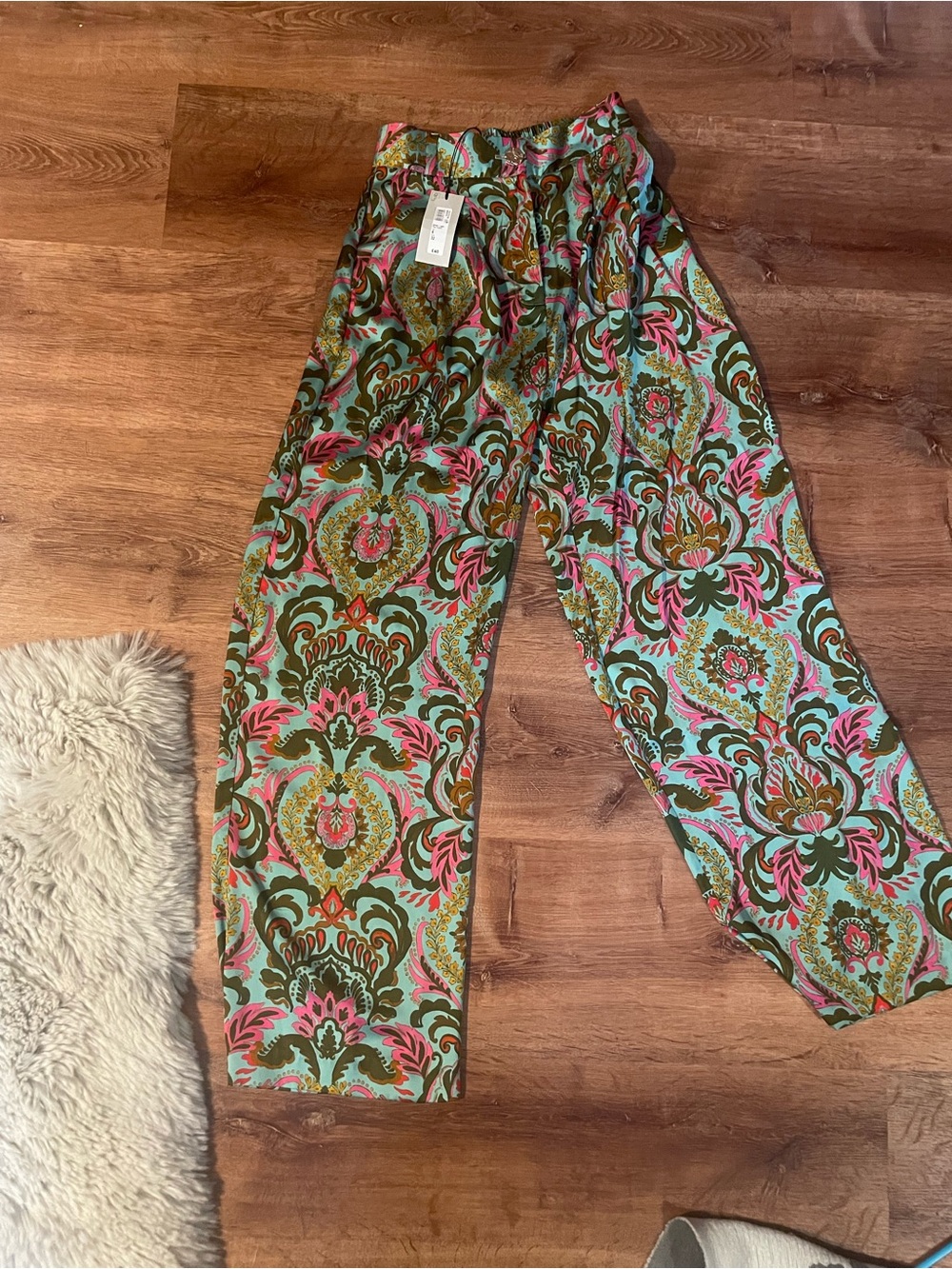 River Island Green & Pink Paisley Wide-Leg Trousers